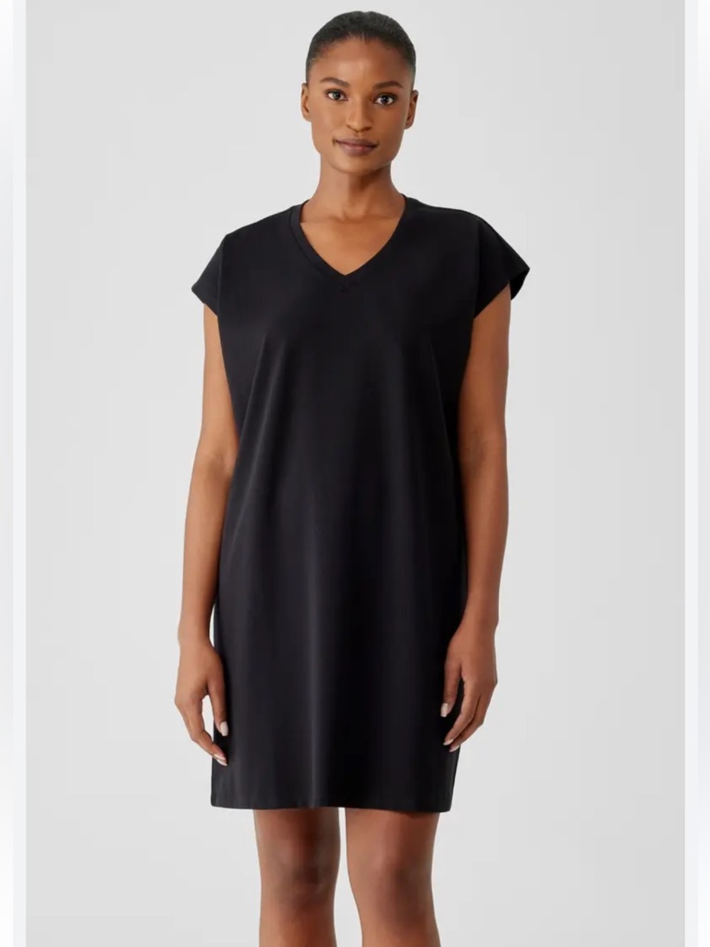 Eileen Fisher Black V-Neck Boxy Shift Dress Sleeveless size Large